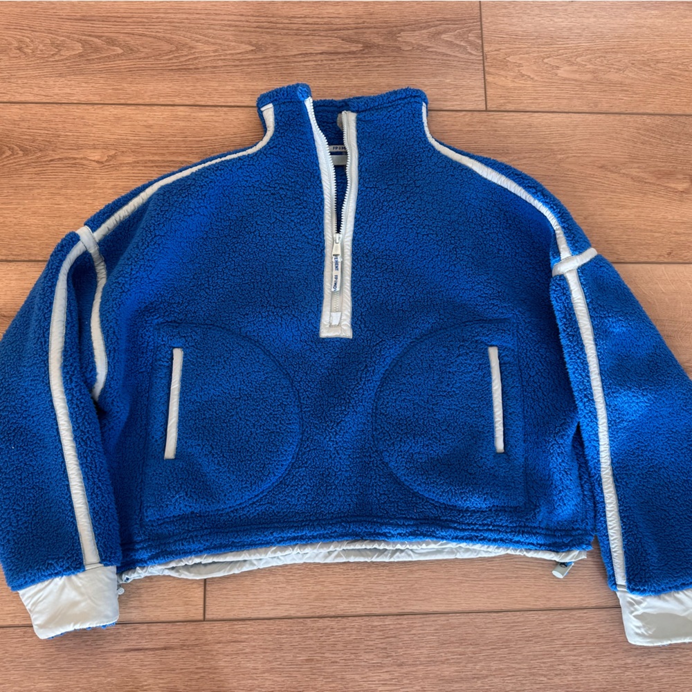 Free People Blue and White Zip-Up Hoodie